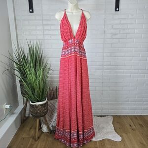 Southern Fried Chicks Boho Floral Paisley Strappy Maxi Dress size Small Red Blue